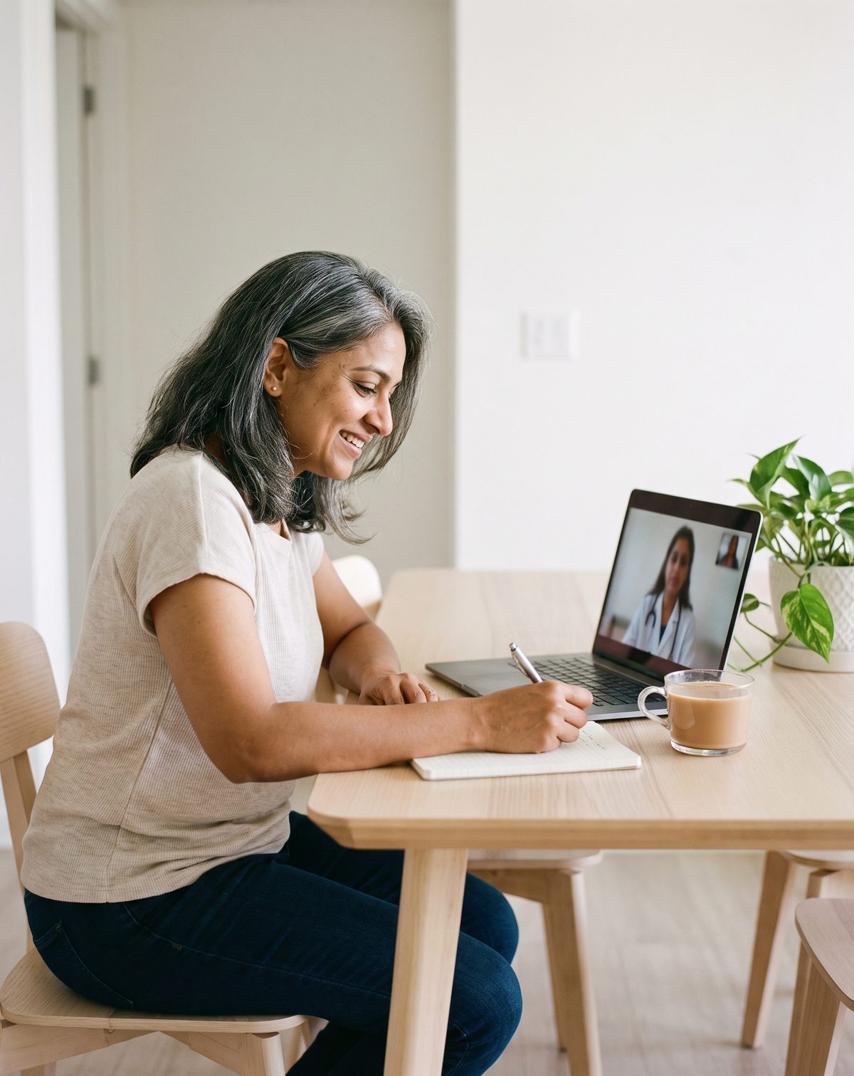 A woman at home on a video consultation with her clinical dietitian