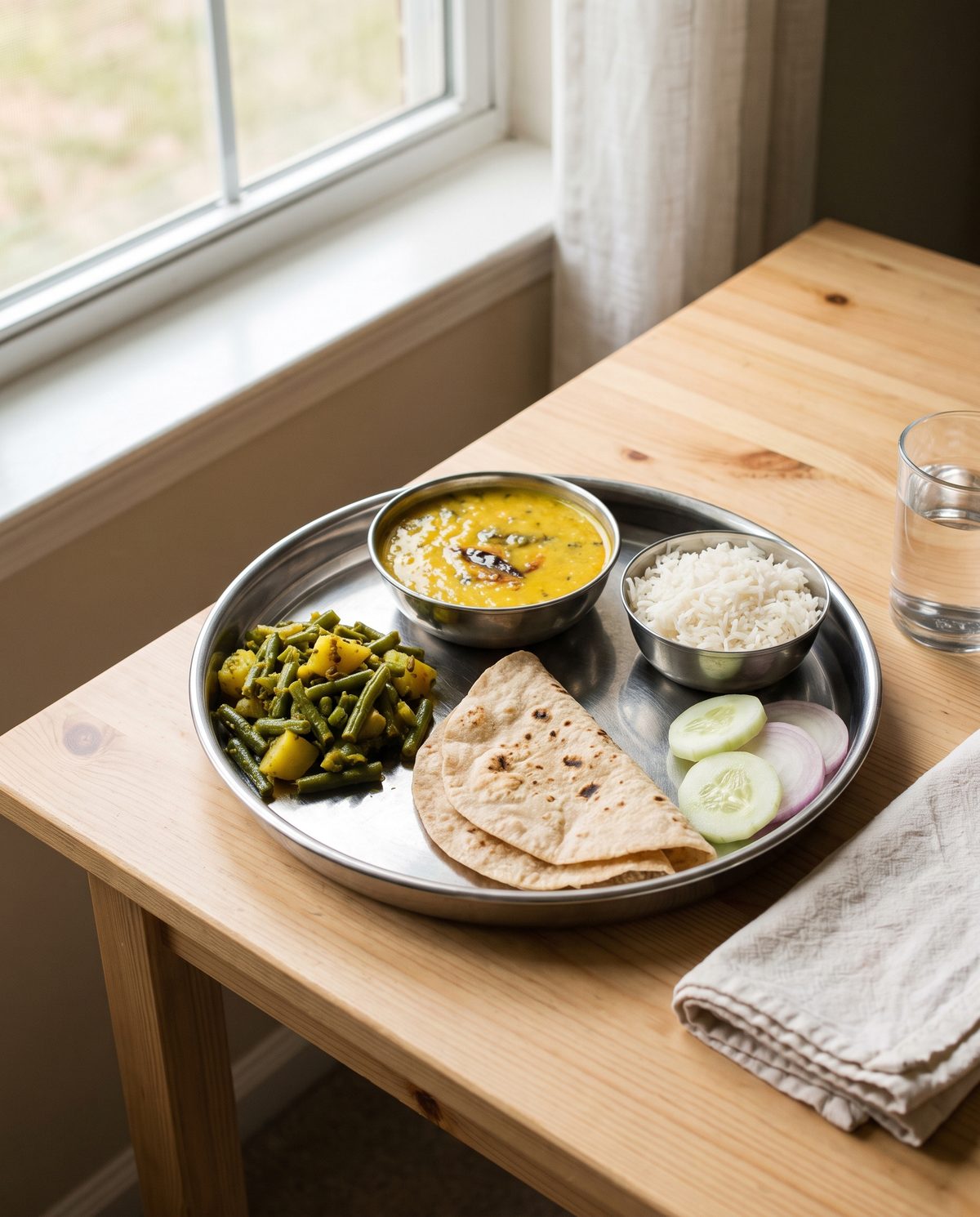 A home-cooked Indian thali with dal, sabzi, roti and rice